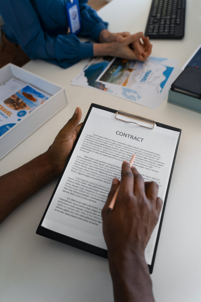 high angle man reading contract