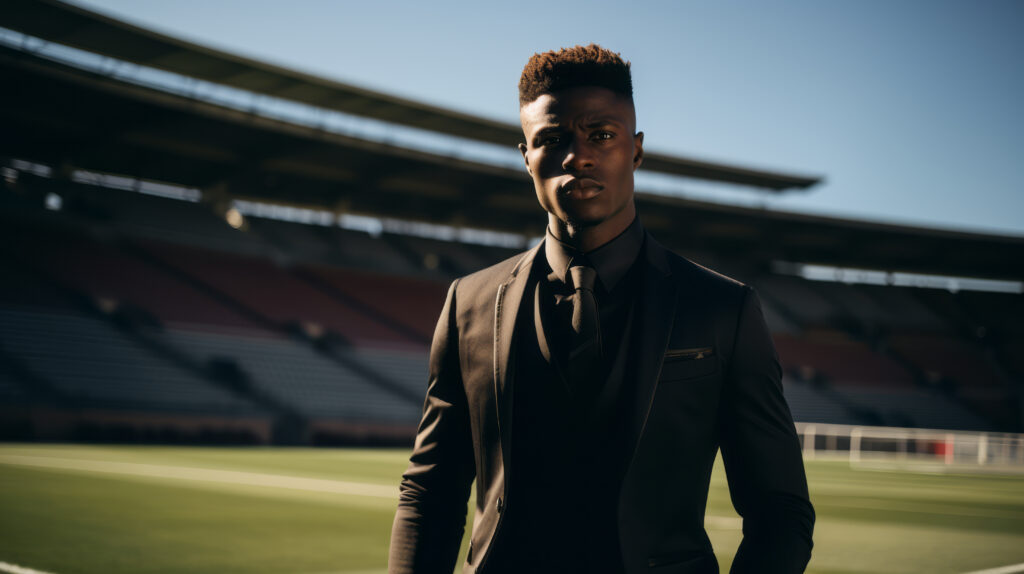 view man suit soccer field